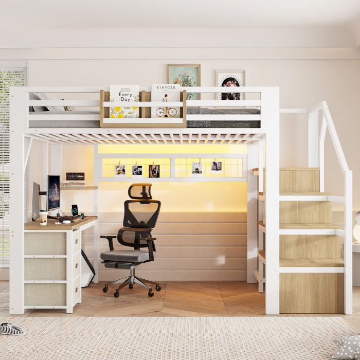 Cama alta 140x200cm secretária arrumação guarda roupa metal branco