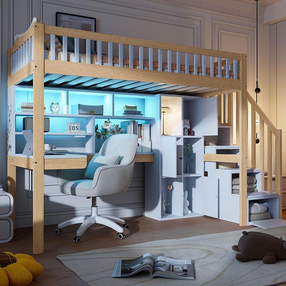 Cama alta com LED, secretária e escada 90x200cm, branco natural