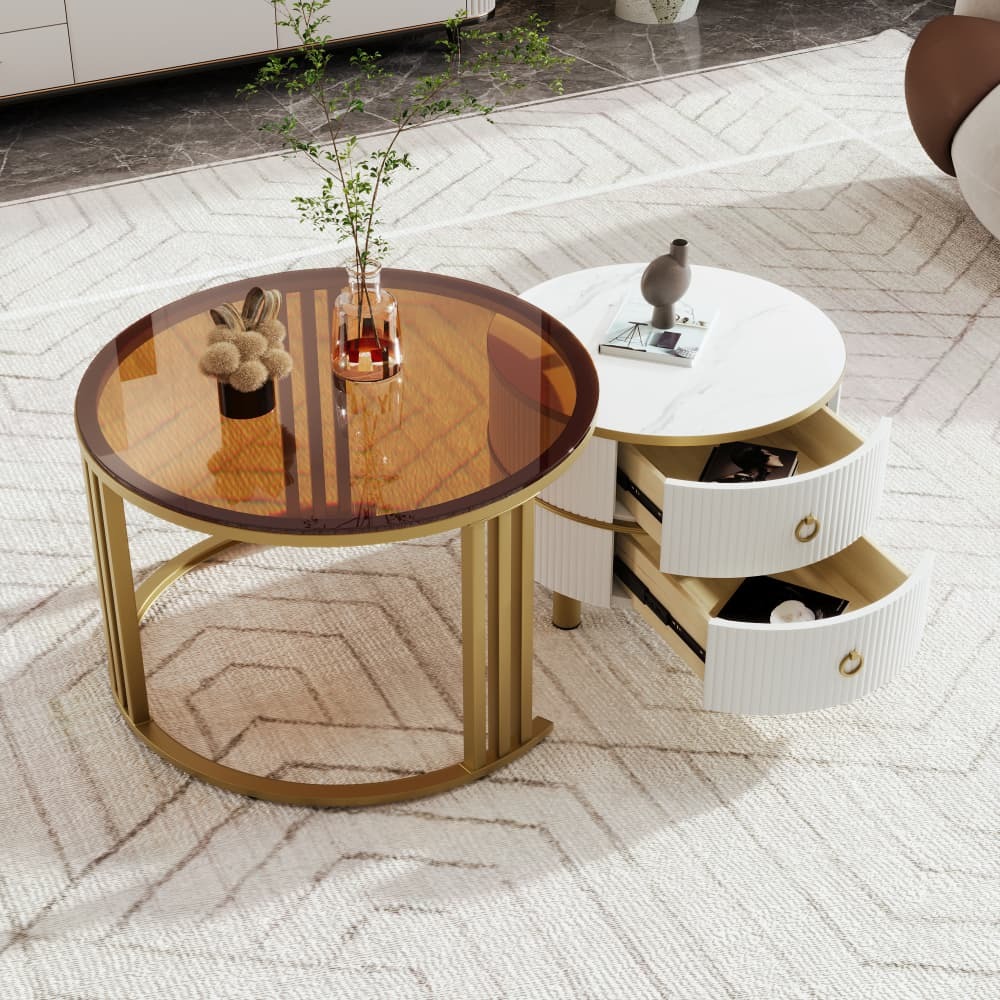 Mesa de centro redonda 2 peças com 2 gavetas branco 45x70x70cm
