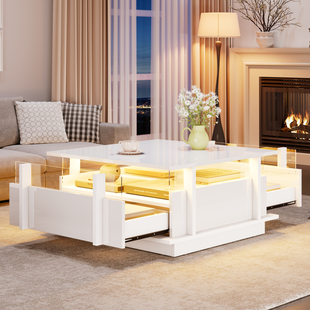 Mesa de centro quadrada com LED e 2 gavetas branco 35x70x70cm