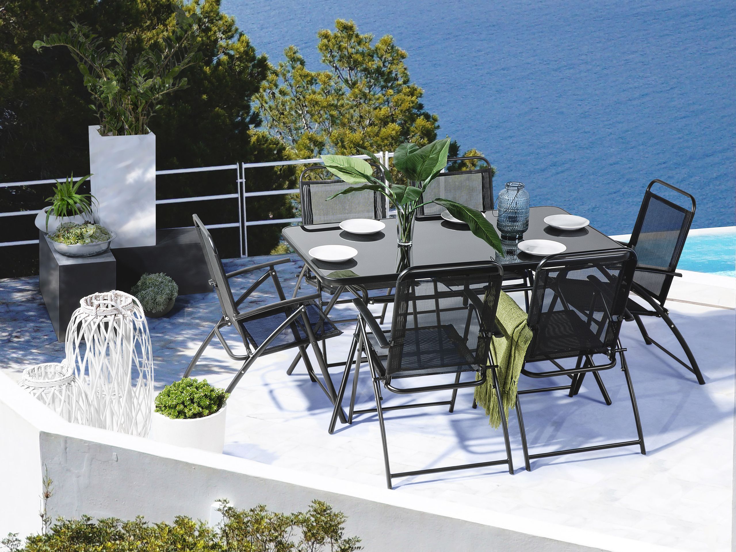 Conjunto de refeição de jardim 6 lugares livo metal preto