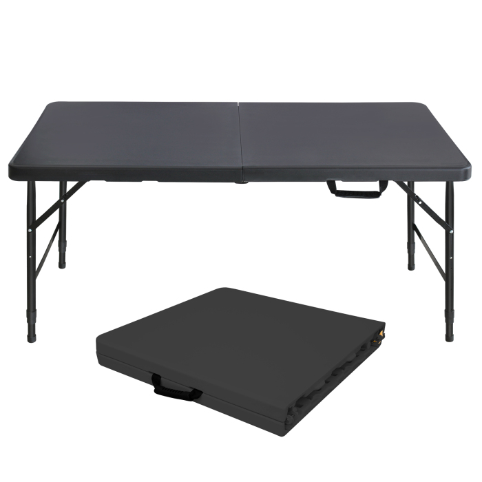 Mesa dobrável preta 125cm com altura regulável e pega