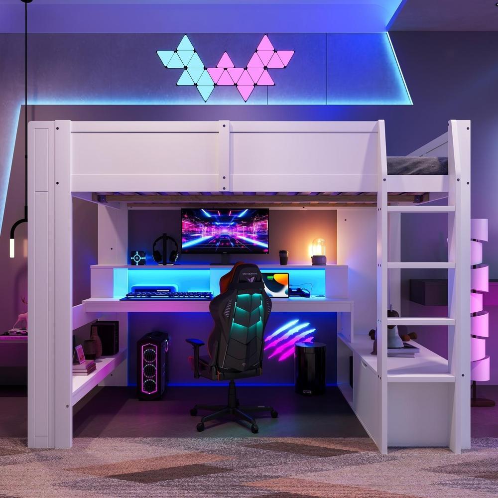 Cama alta gaming 140x200cm com mesa, LED rgb e gavetas branca