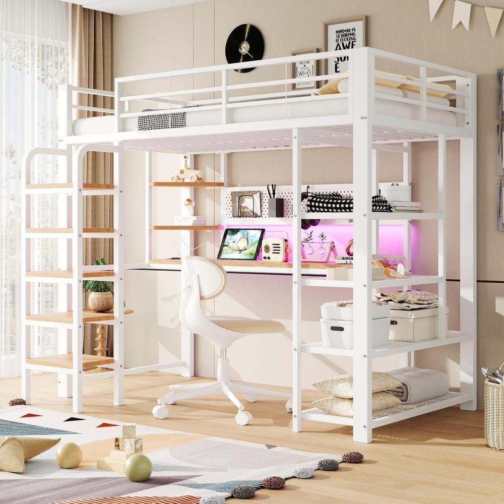 Cama alta 90x200cm secretária, tomada cee, LED multicolor, branca