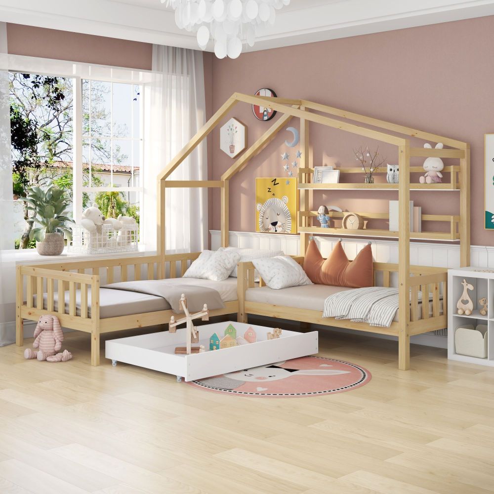 Cama infantil casinha 90x200cm + 140x70cm com gaveta e prateleiras natural