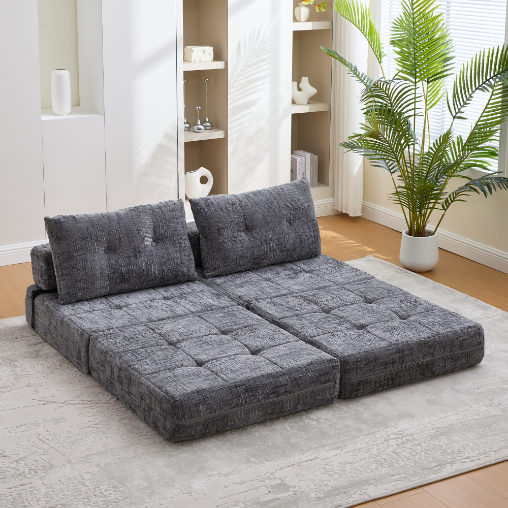 Sofá cama dobrável em chenille cinzento com almofadas e encosto