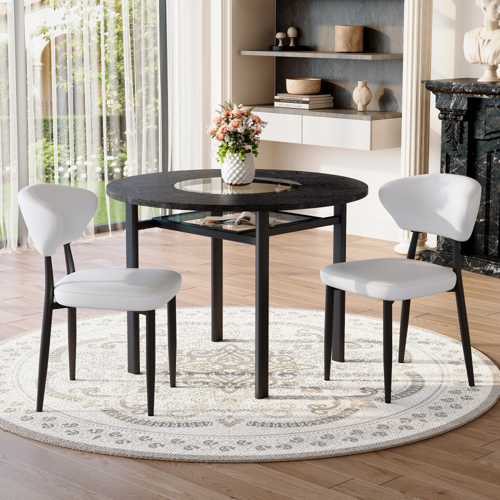 Conjunto mesa redonda 2 cadeiras pu branco vidro preto 2 4 lugares