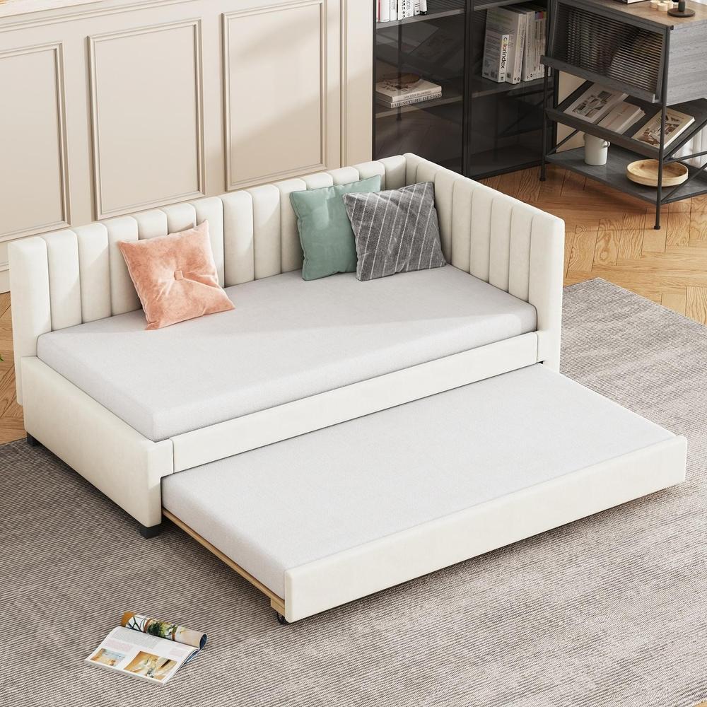Sofá cama conversível 90x200cm veludo bege com sommier