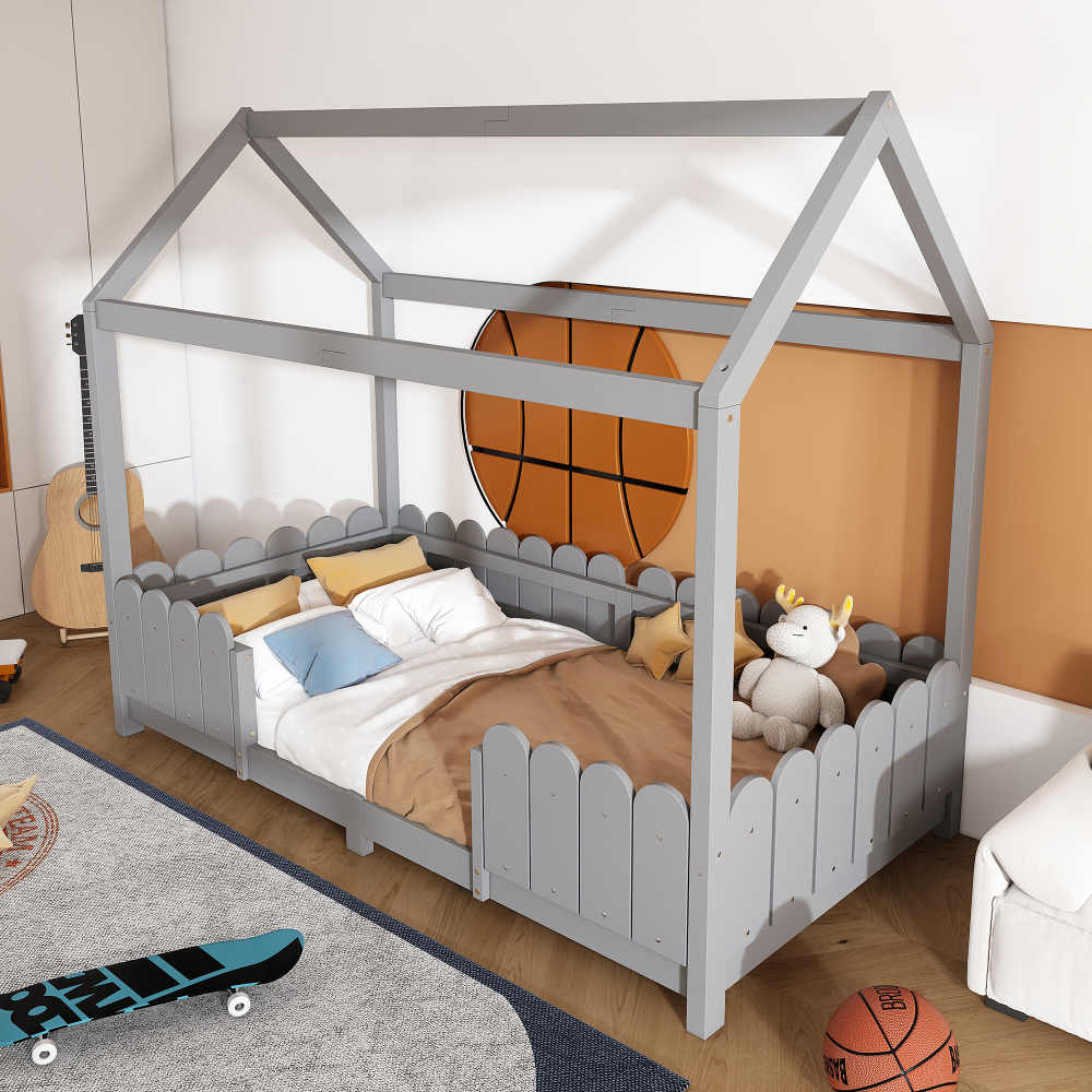 Cama casinha 90x200cm com grade de proteção madeira – cinzento