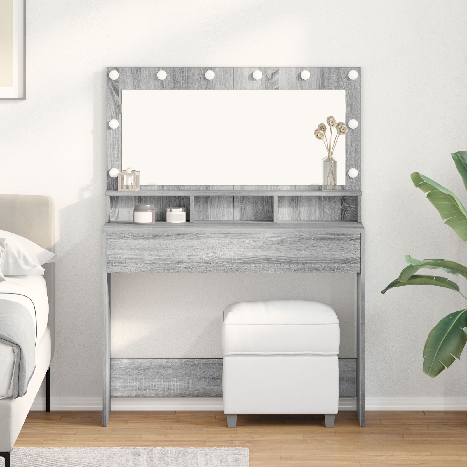 Mesa de maquiagem com luzes LED cinza sonoma 100x41x135 cm wf998940