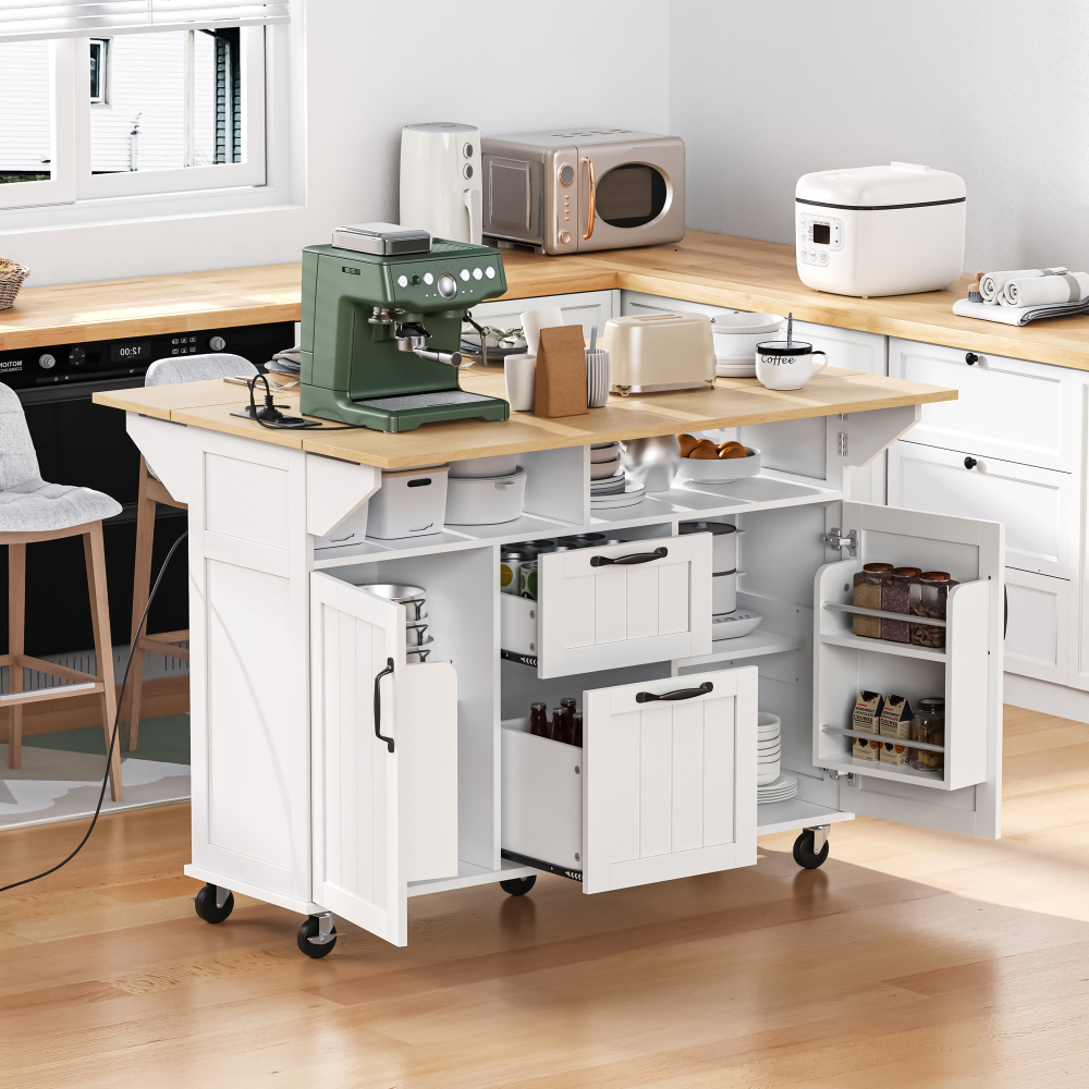 Ilha de cozinha rodas mdf branco natural mesa dobrável tomadas