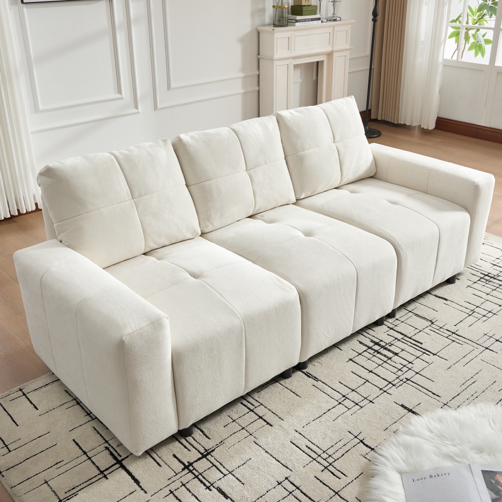Sofá-cama modular 3 lugares em chenille bege branco 213 cm