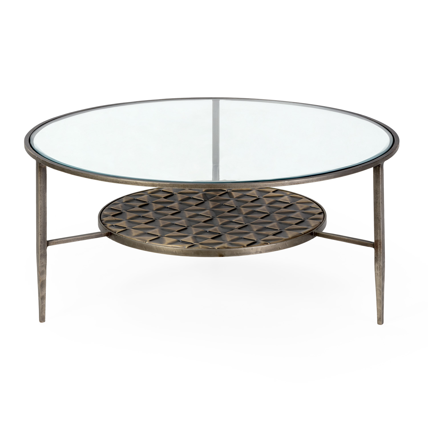 Mesa de centro 93x93x42 em metal, com tampo em vidro dourado antigo.