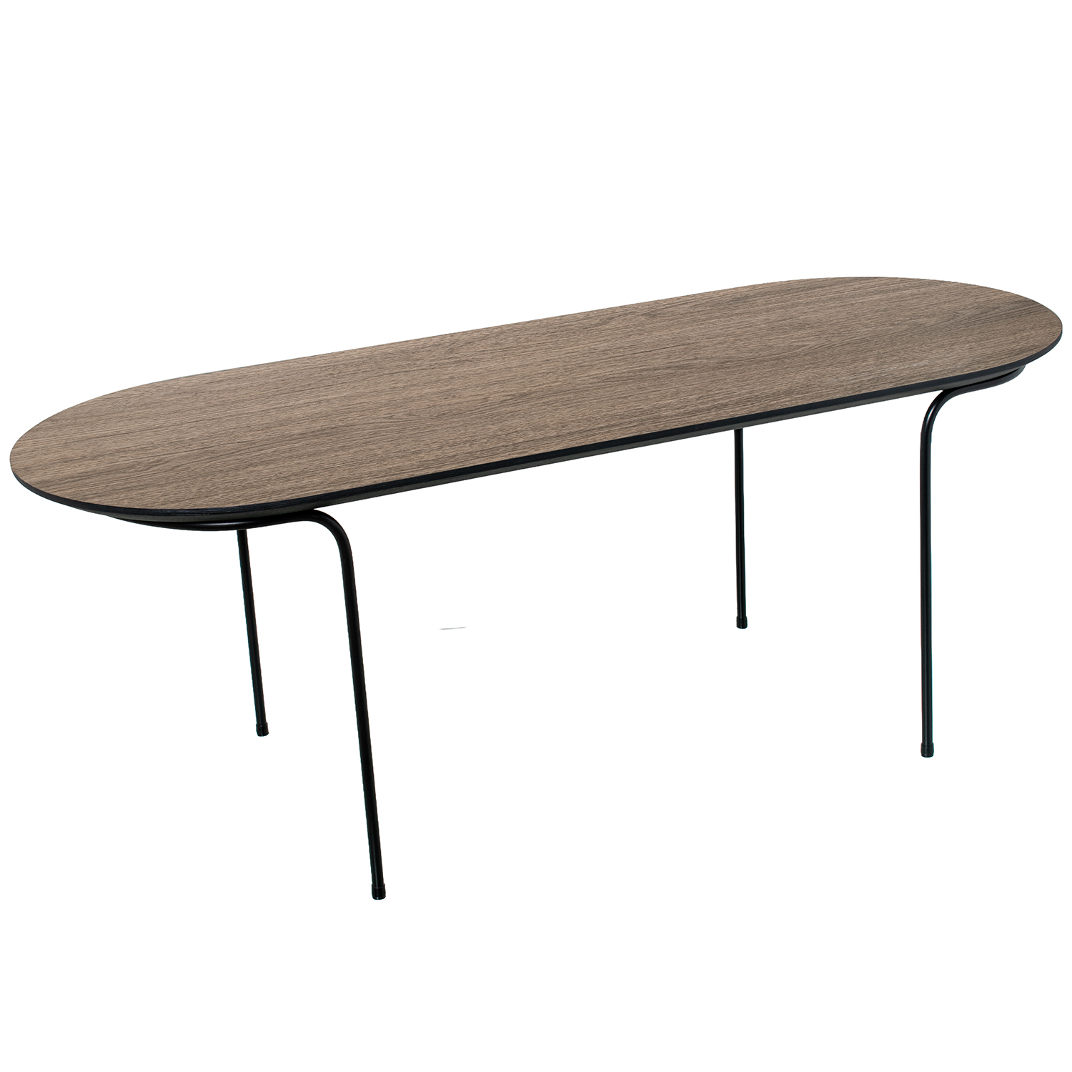 Mesa de centro com acabamento em madeira e pés de metal preto.