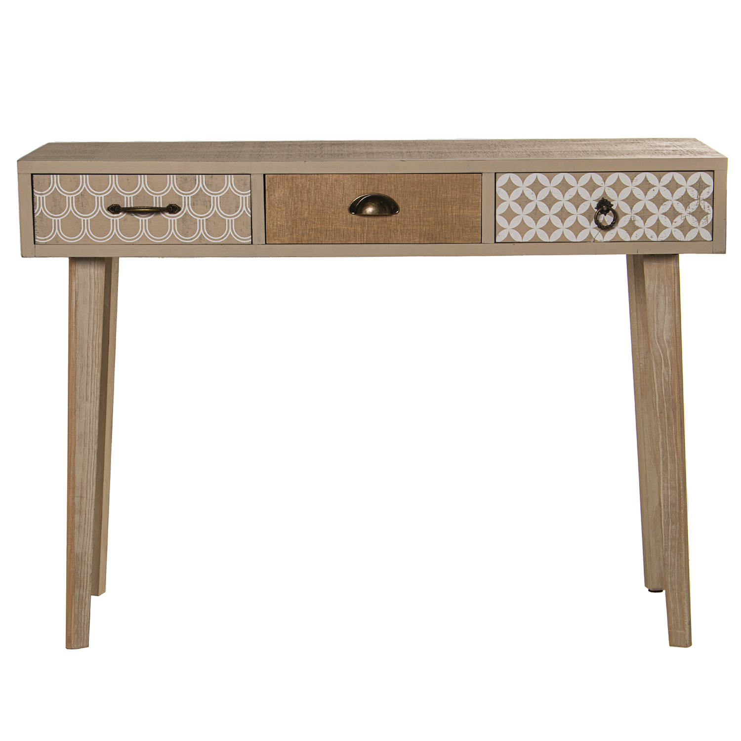 Mesa entrada madera con 3 cajones, abeto y contrachapado y patas pino