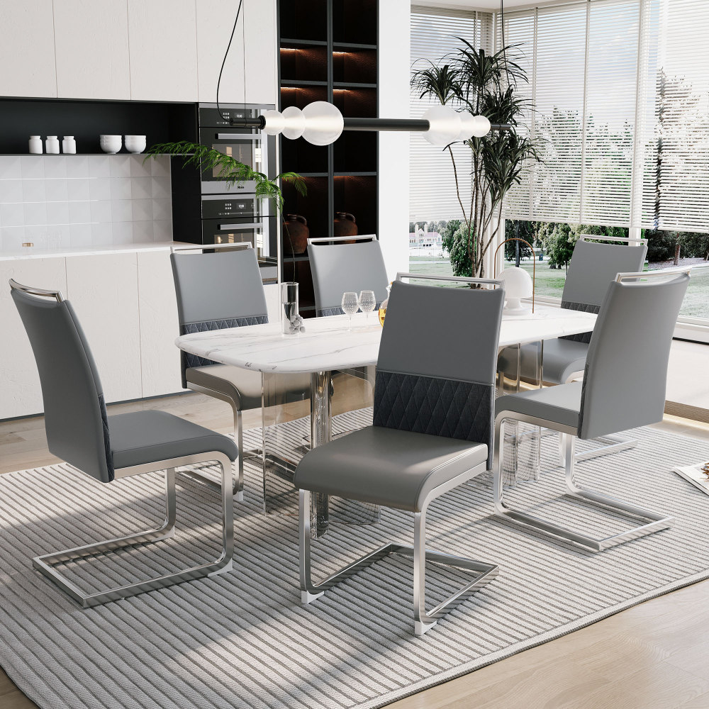 Cadeira de jantar ergonómica em metal cinzento com encosto em pu e linho