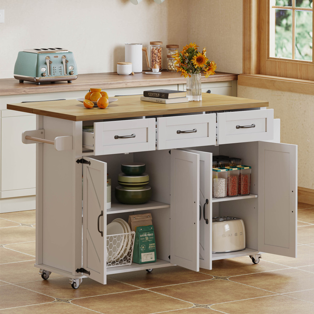 Ilha de cozinha em mdf branco e natural com tampo rebatível 140 cm