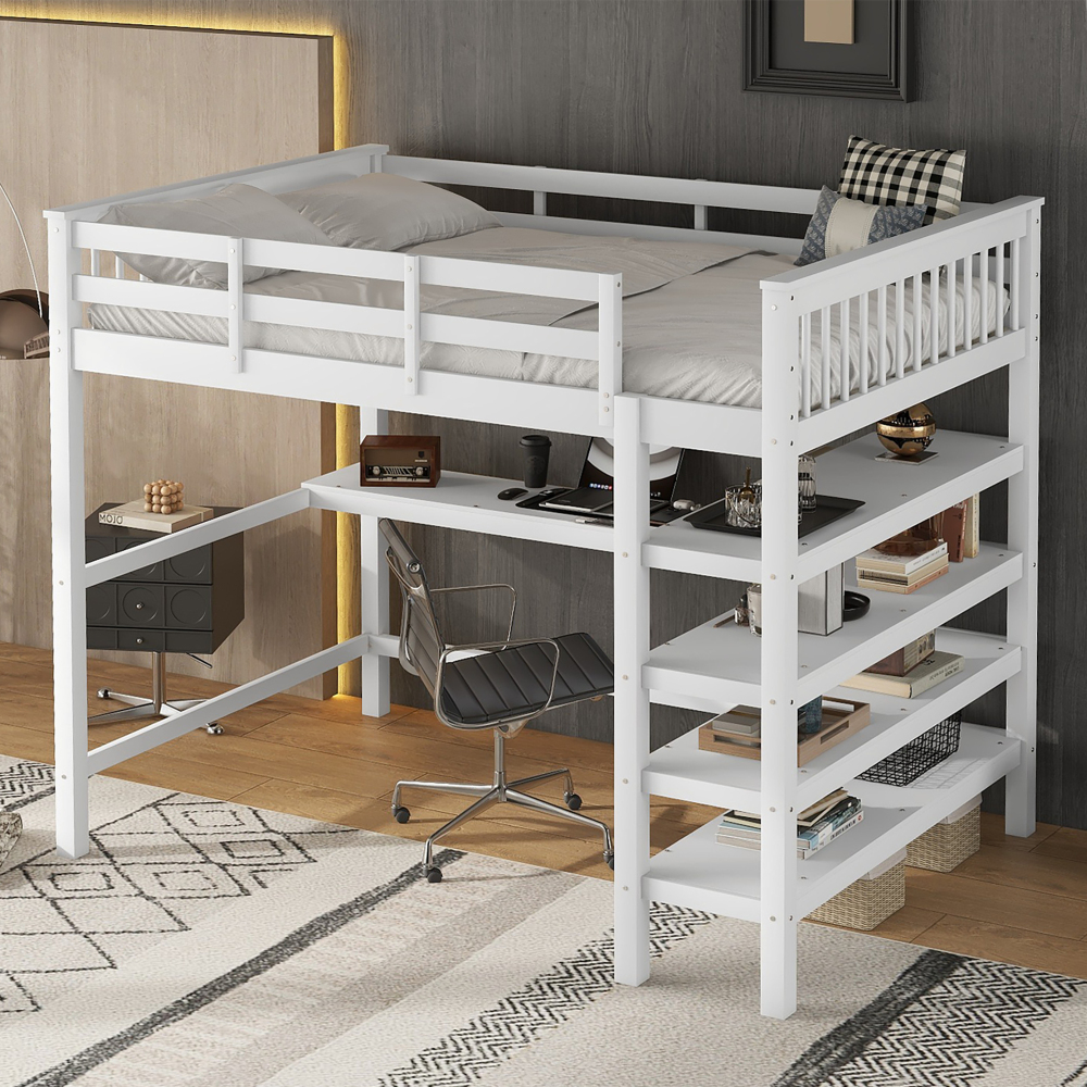 Cama alta 140x200cm com secretária e arrumação madeira de pinheiro branco