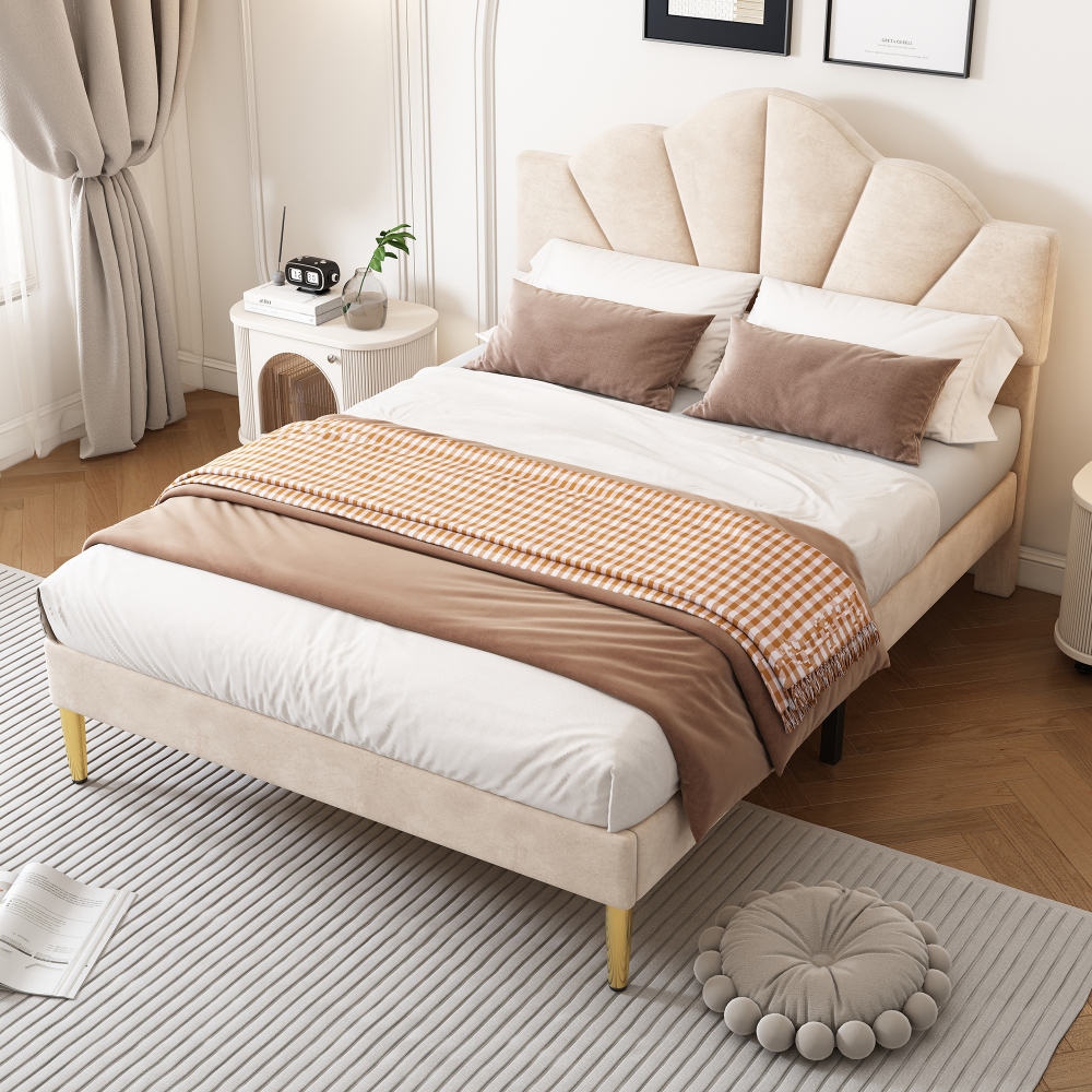 Cama de casal 140x190cm com cabeceira ajustável veludo – bege
