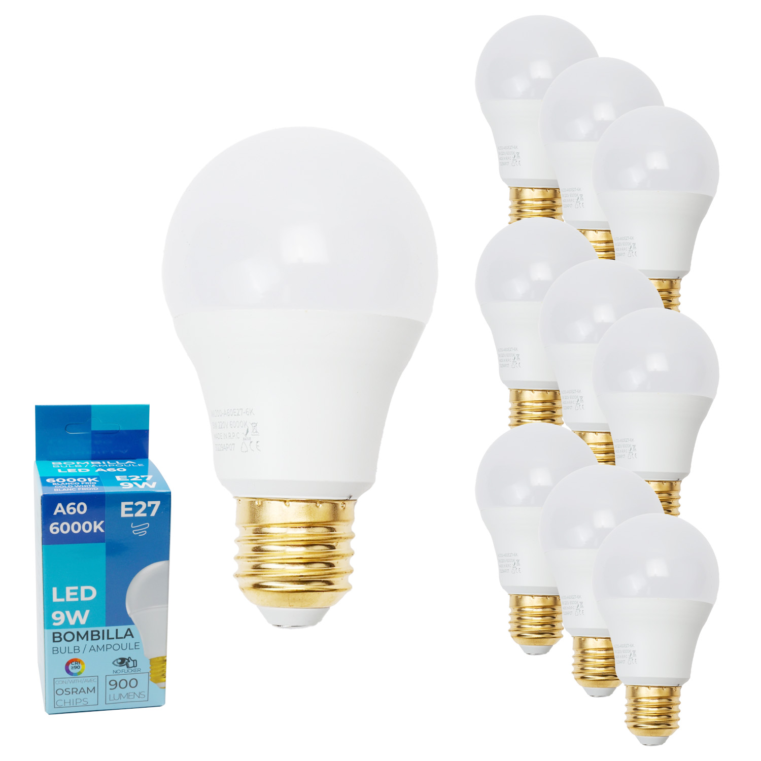 Pacote com 10 lâmpadas LED E27 A60 9W, branco frio 6000K Não Piscante 900lm