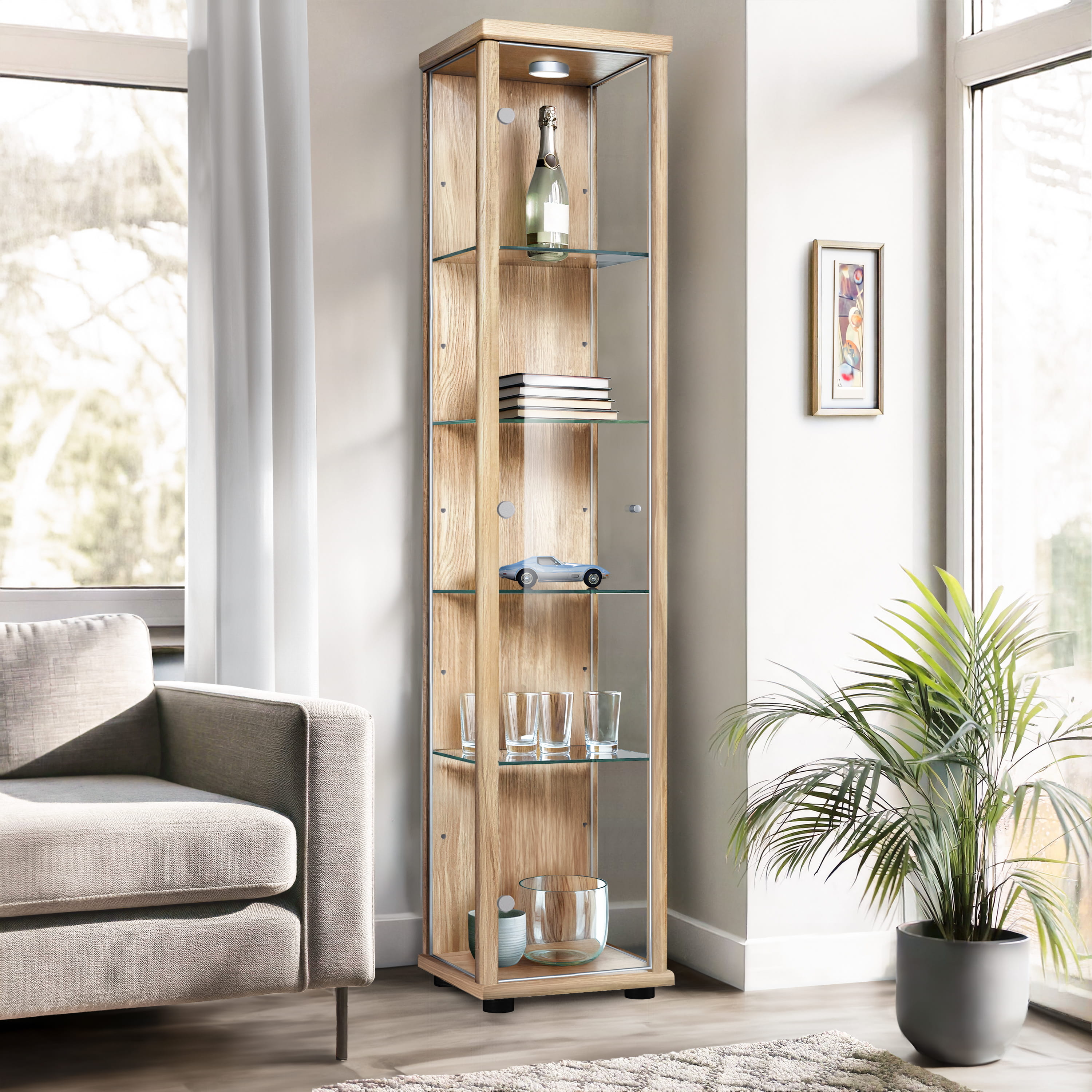 K-möbel vitrine faia 176x37x33 cm 4 prateleiras de vidro reguláveis, LED