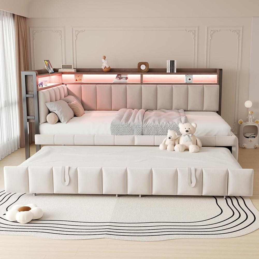 Sofá-cama 90x200cm, com veludo bege, cama auxiliar, LED e usb-c