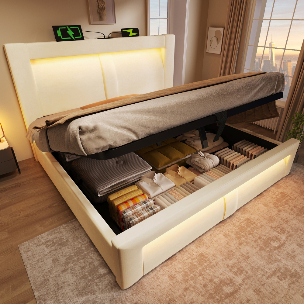 Cama de casal 140x200cm com arrumação e carregamento veludo bege