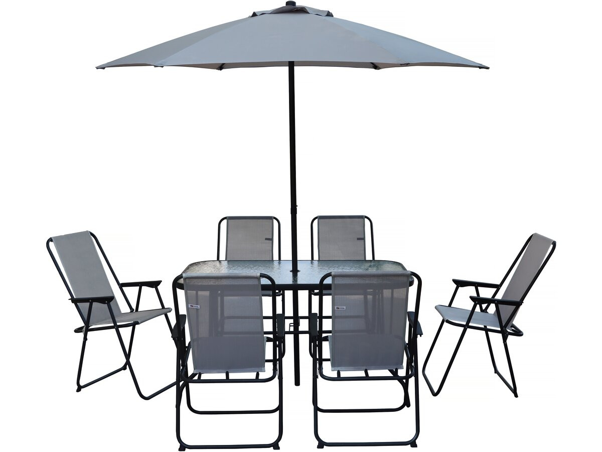 Mesa e cadeiras de jardim com guarda-sol de metal <<convivia>> - 6 lugares