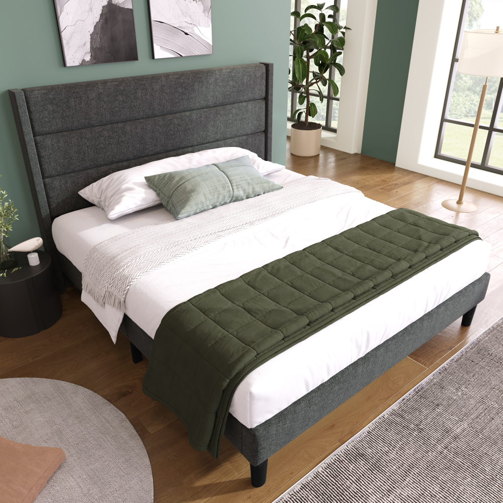 Cama estofada 140x200cm com cabeceira acolchoada linho cinzento