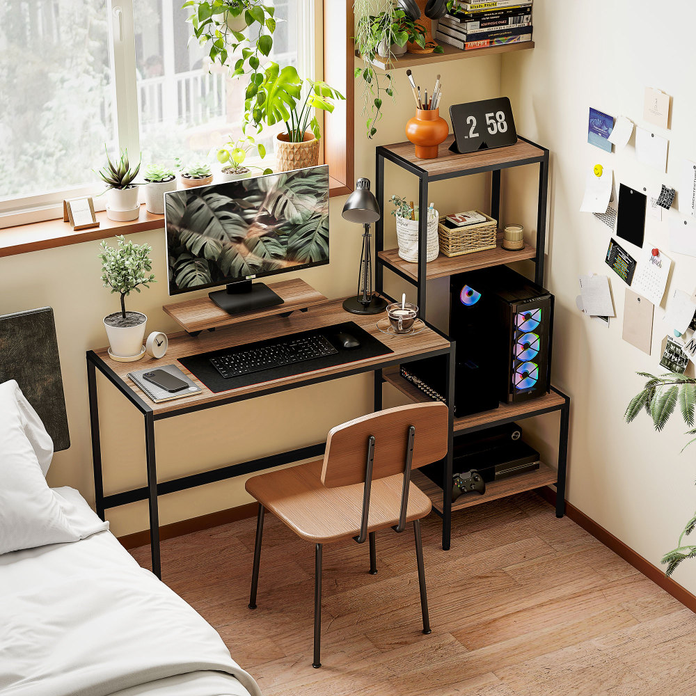 Mesa de escritório suporte para monitor e prateleiras castanho 125x150x48cm