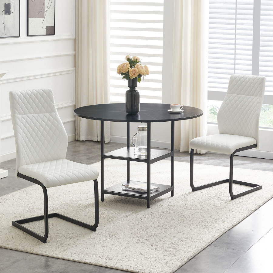 Conjunto mesa de jantar redonda 107 cm com 2 cadeiras branco e preto