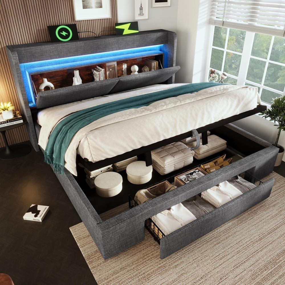 Cama acolchoada 140x200cm cabeceira LED, usb, colchão incluído, cinza