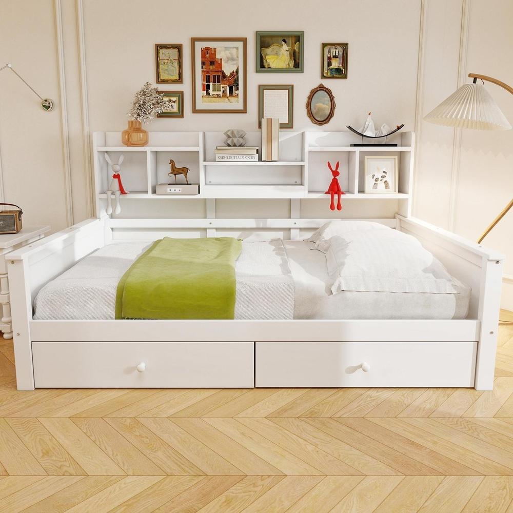 Sofa cama convertivel 90x200cm branco com gavetas e prateleiras