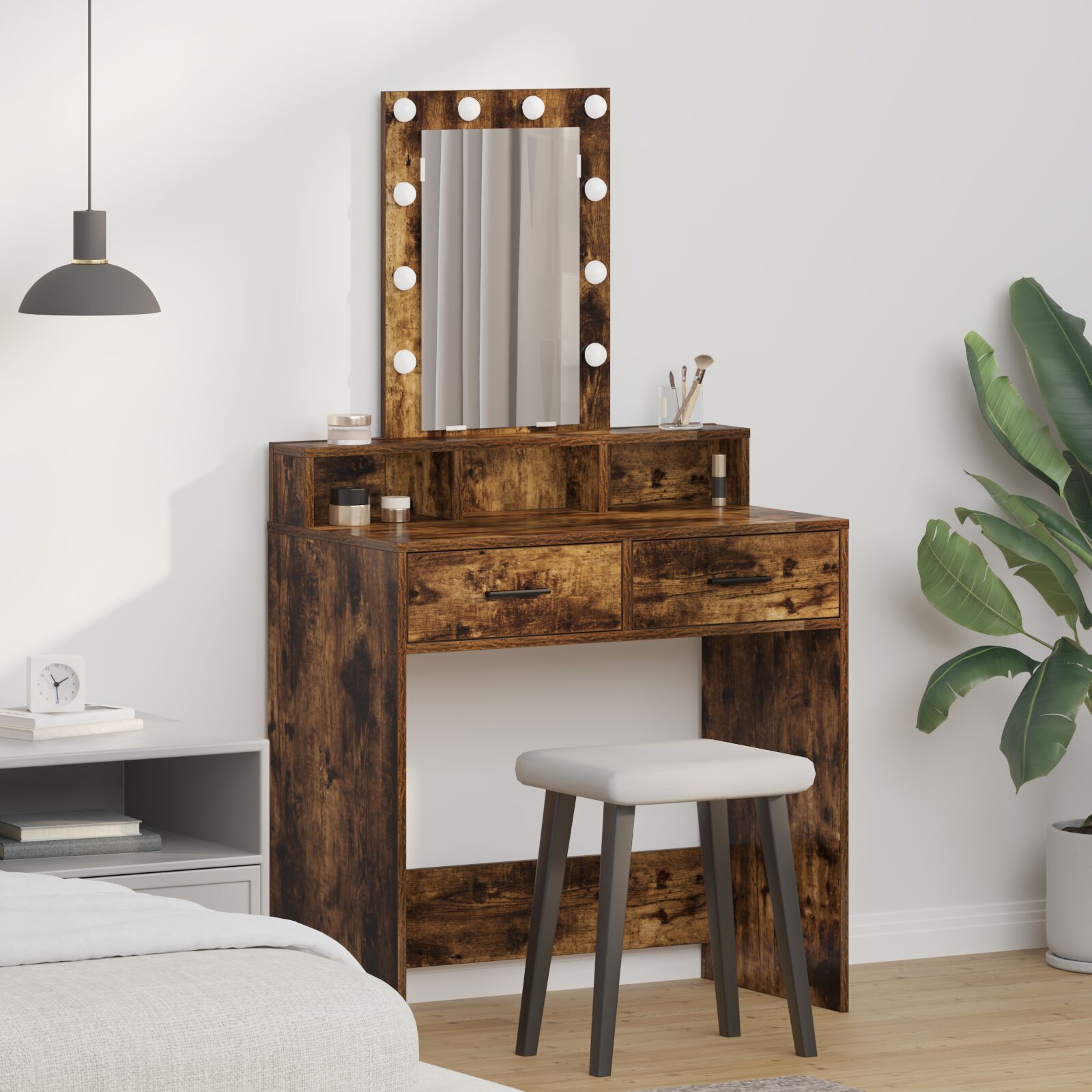 Mesa de maquiagem com luzes LED carvalho fumado 79x41x140 cm wf886303