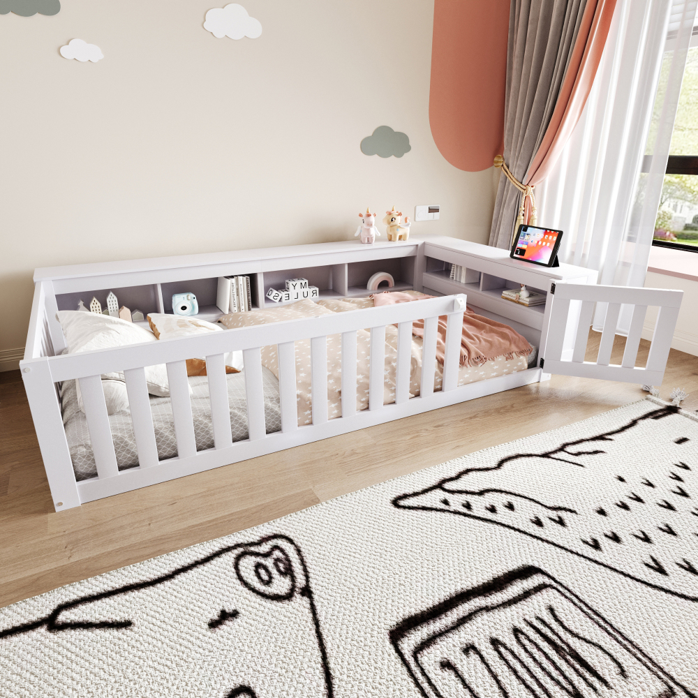 Cama infantil 90x200cm com arrumação e grade madeira maciça – branco
