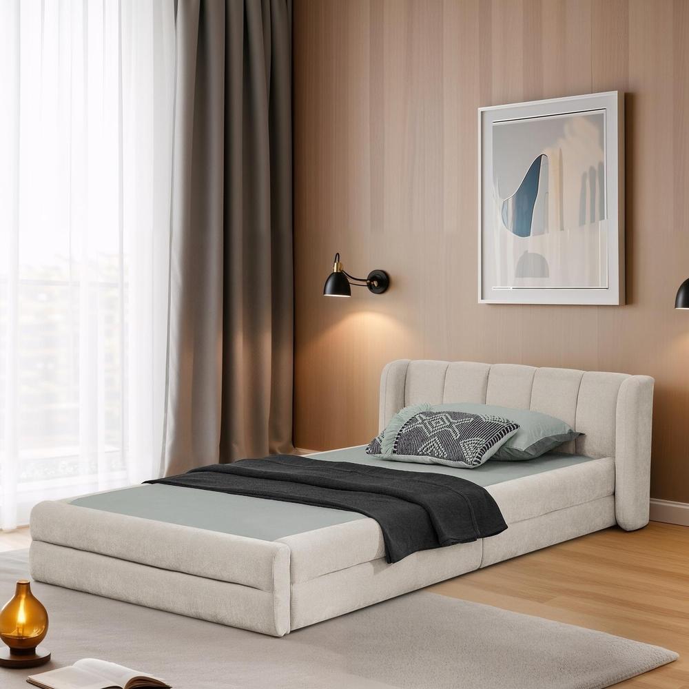 Cama solteiro 90x200 cm, chenille bege, estrutura sólida, sem colchão