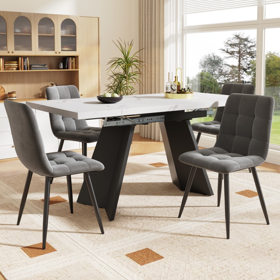 Conjunto mesa extensível e 4 cadeiras em veludo branco e preto