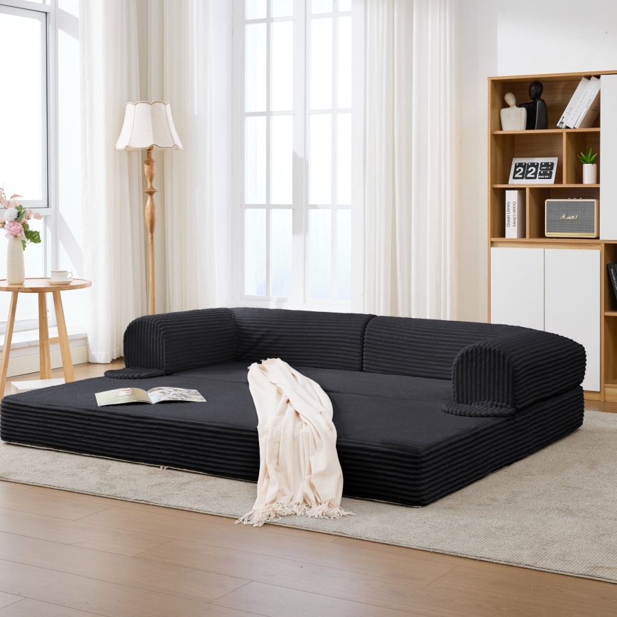 Sofá cama dobrável 2 lugares estofado preto design compacto
