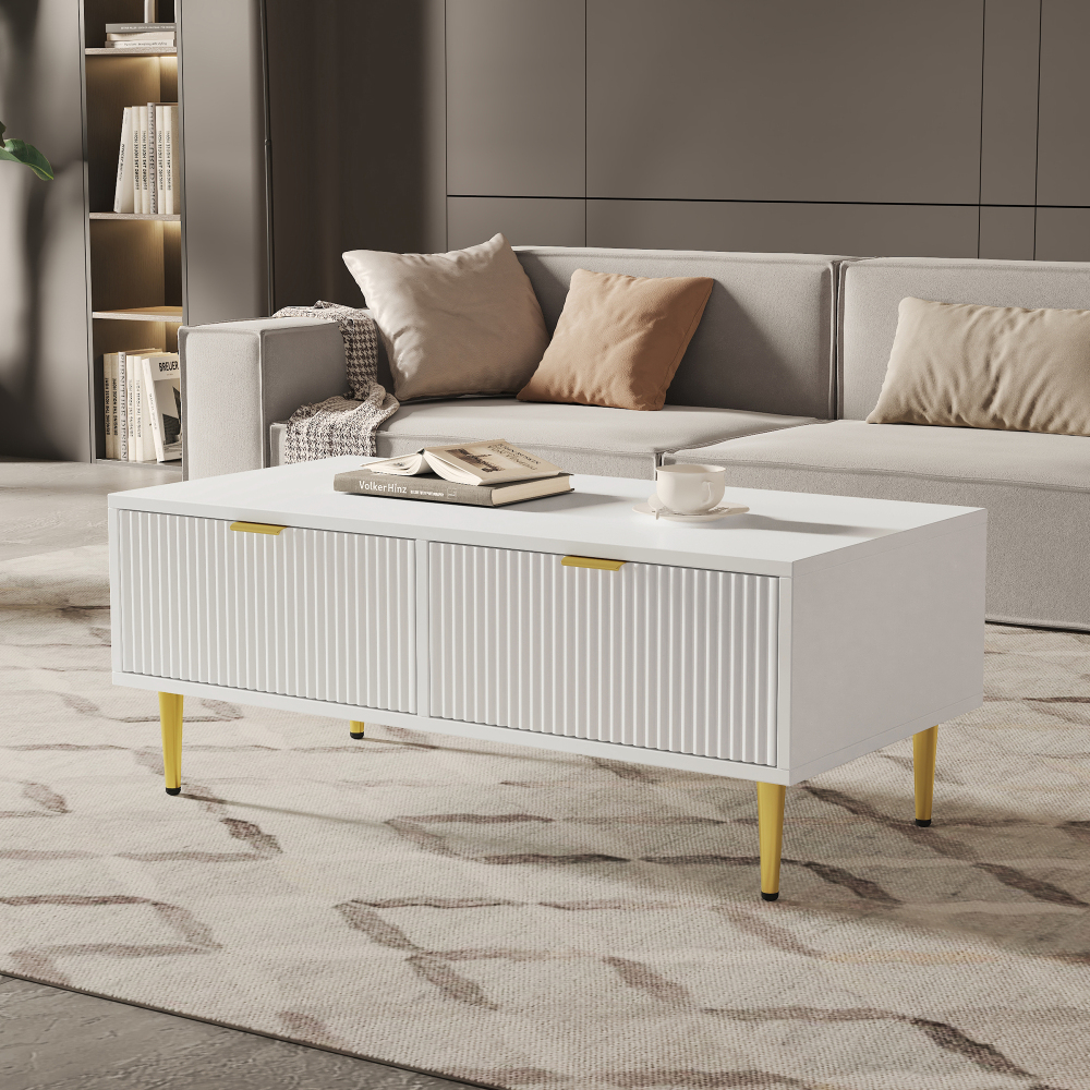 Mesa de centro com 2 gavetas branca e dourada 40x100x50cm