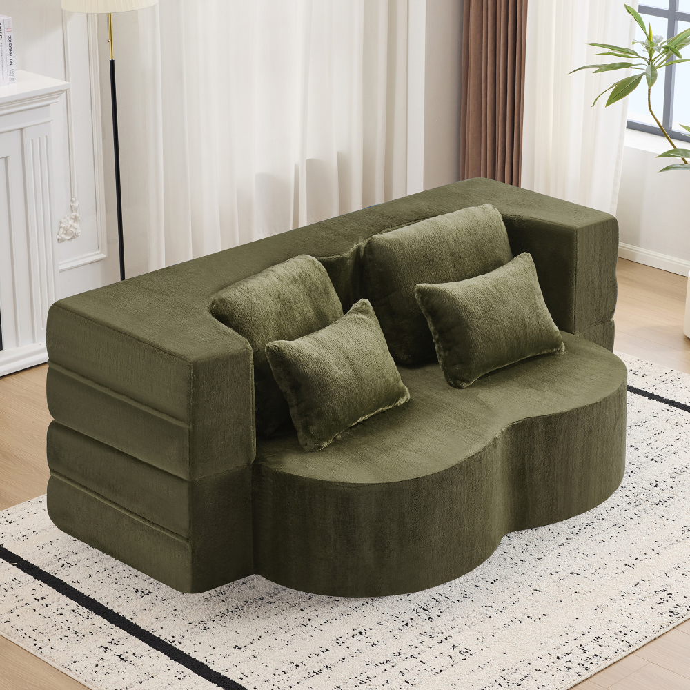 Sofá-cama dobrável de chão em tecido verde com 4 almofadas