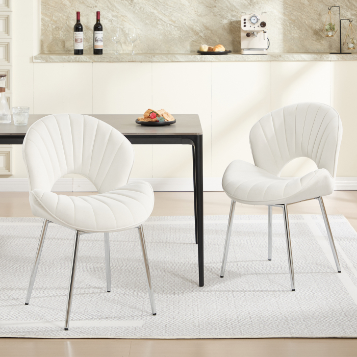 Silla de comedor de terciopelo marfil sin brazos con patas metálicas