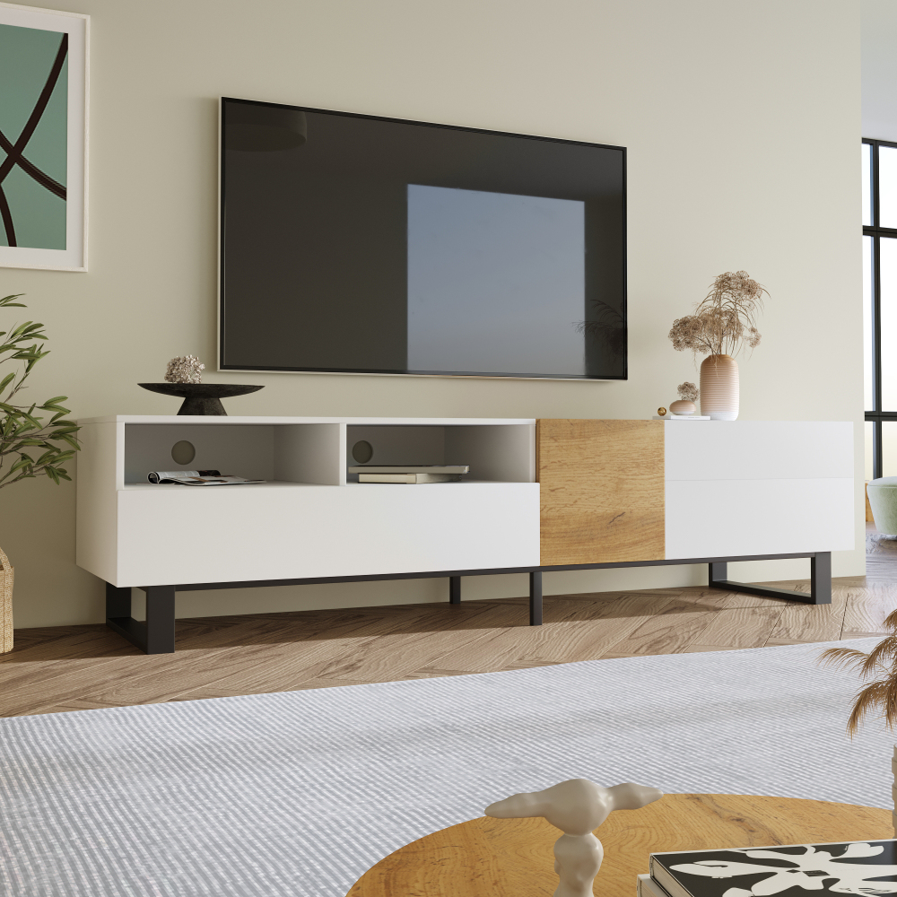 Móvel de tv com 2 portas e 2 gavetas branco madeira 50x180x38cm