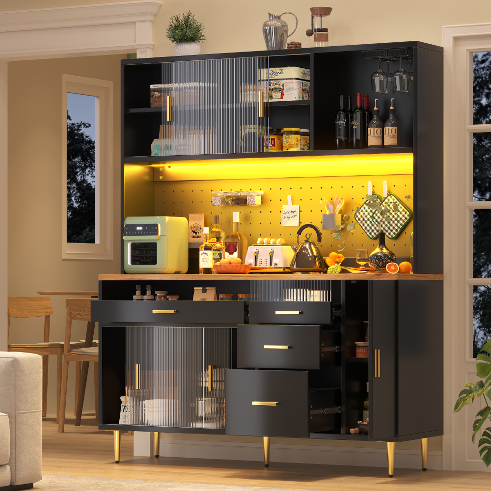 Armário alto com LED e portas de vidro deslizantes mdf preto 145x39x171 cm