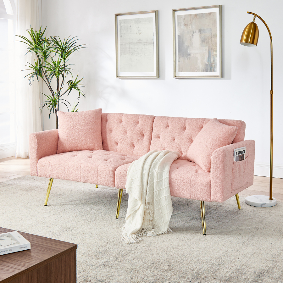 Sofá 2 lugares em tecido teddy rosa com encosto ajustável e 2 almofadas