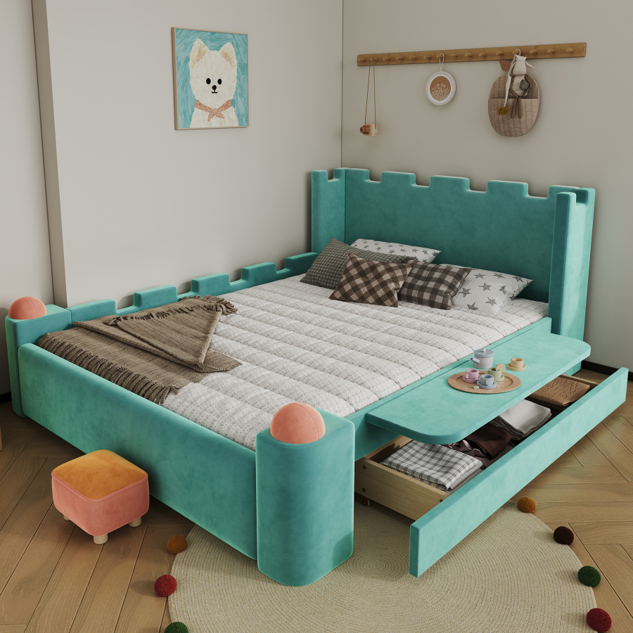 Cama infantil estofada 140x200cm com arrumação veludo azul verde