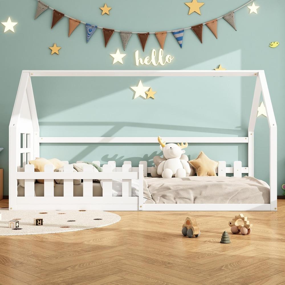 Cama infantil tipo casa 90x200cm, cama baixa, estrado incluído, branco