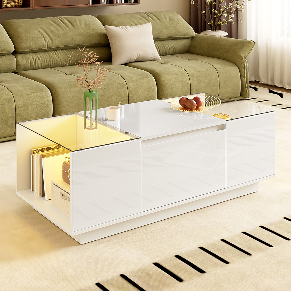 Mesa de centro, LED + tampo de vidro, branca
