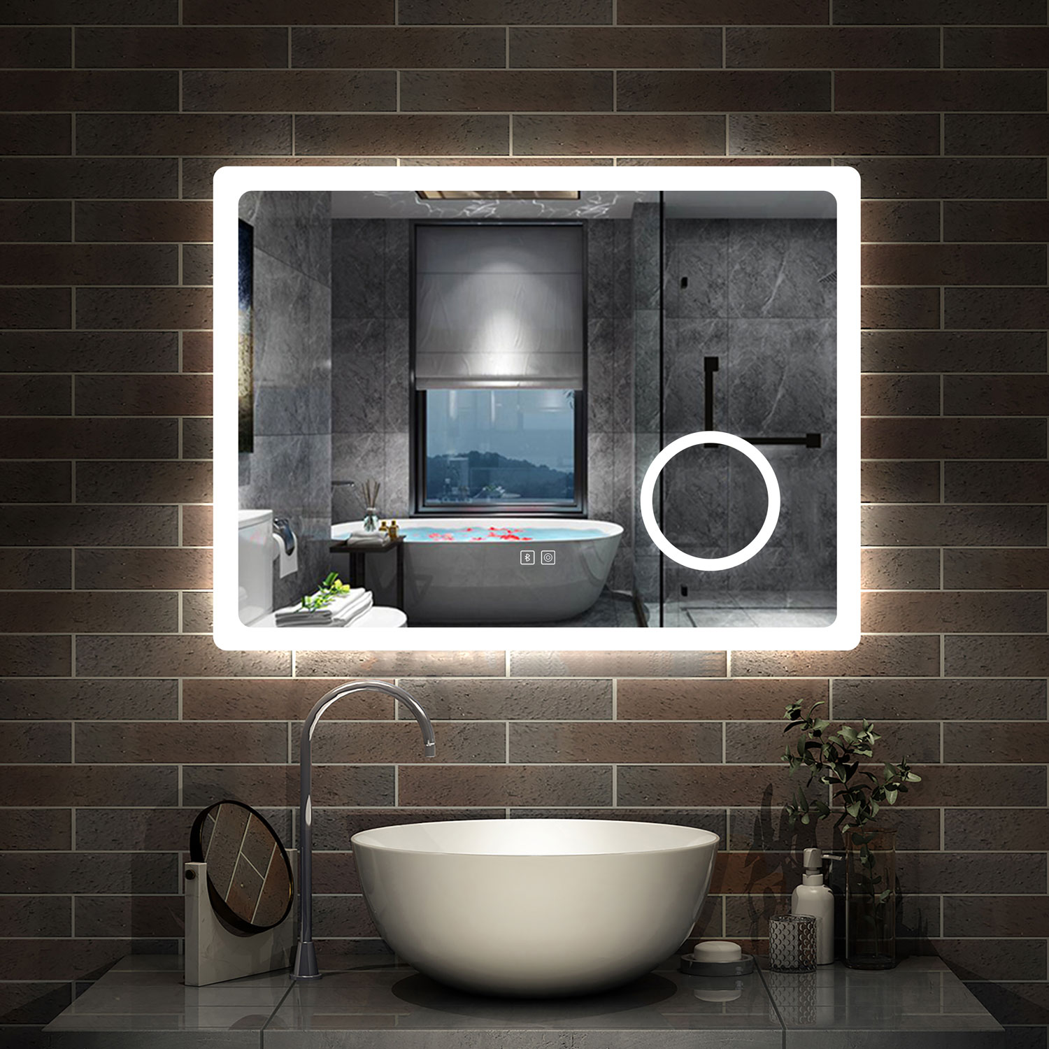 Aica espelho de casa de banho LED 80×60cm,bluetooth,espelho de aumento