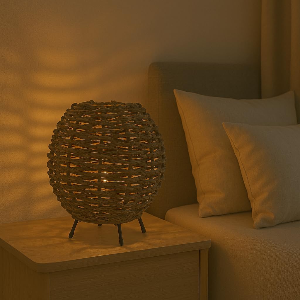 Candeeiro de mesa em vime entrançado, casquilho e14, estilo nórdico natural
