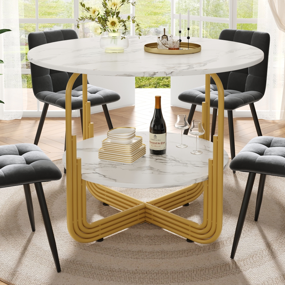 Mesa de jantar redonda com base cruzada mdf mármore dourado 76x80x80cm